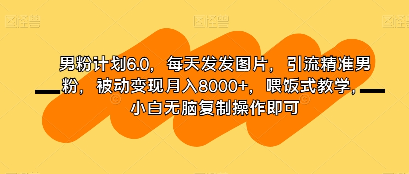 男粉计划6.0，每天发发图片，引流精准男粉，被动变现月入8000+，喂饭式教学，小白无脑复制操作即可-福喜网创